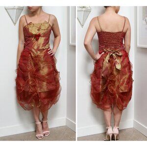 Y2K Two Tone Crimson & Gold Taffeta Prom Dress w/ Rosettes and Ruffles Formal